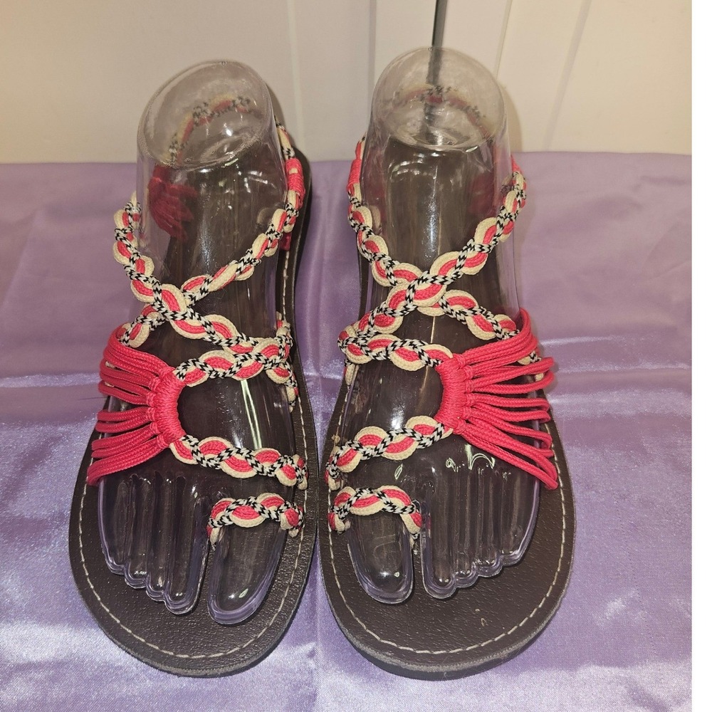 LOKI Pink Braided Rope Sandals Womens Strappy Boho Summer‎ Beach Sandals